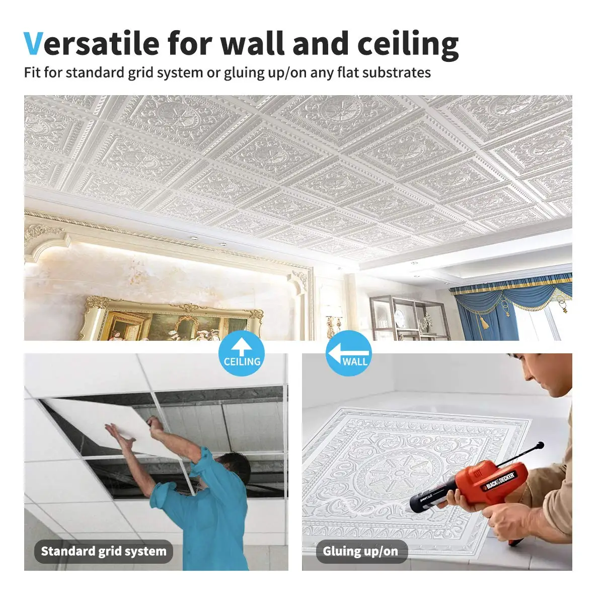 12PCS PVC 3D Ceiling Tiles Wall Panels Decorative Water Proof Moisture-proof Plastic Sheet in White (60x60cm)