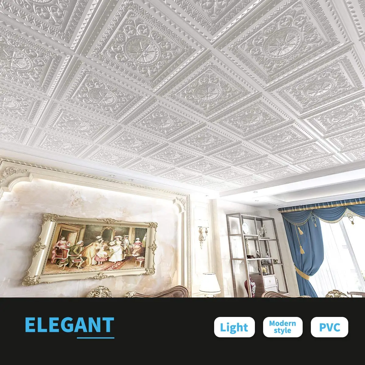 12PCS PVC 3D Ceiling Tiles Wall Panels Decorative Water Proof Moisture-proof Plastic Sheet in White (60x60cm)