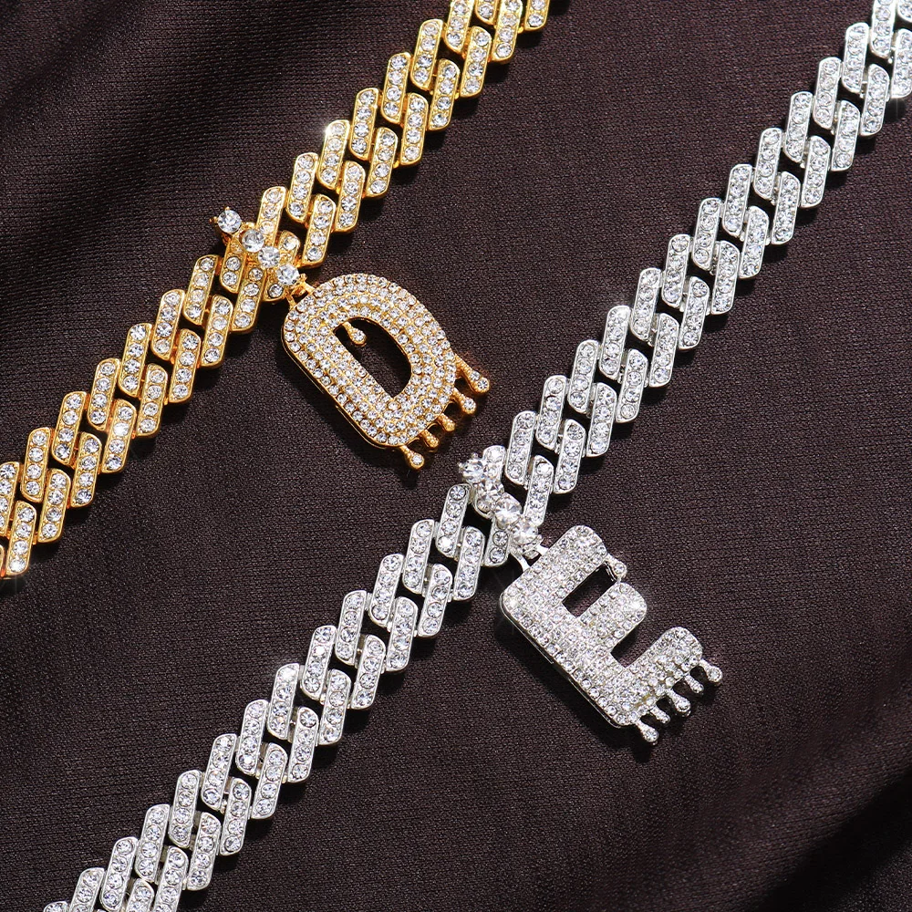 26 Baguette A-Z Initial Pendant Necklace Choker for Women Men Crystal Luxury Letter Cuban Link Chain Iced Out Necklace Jewelry