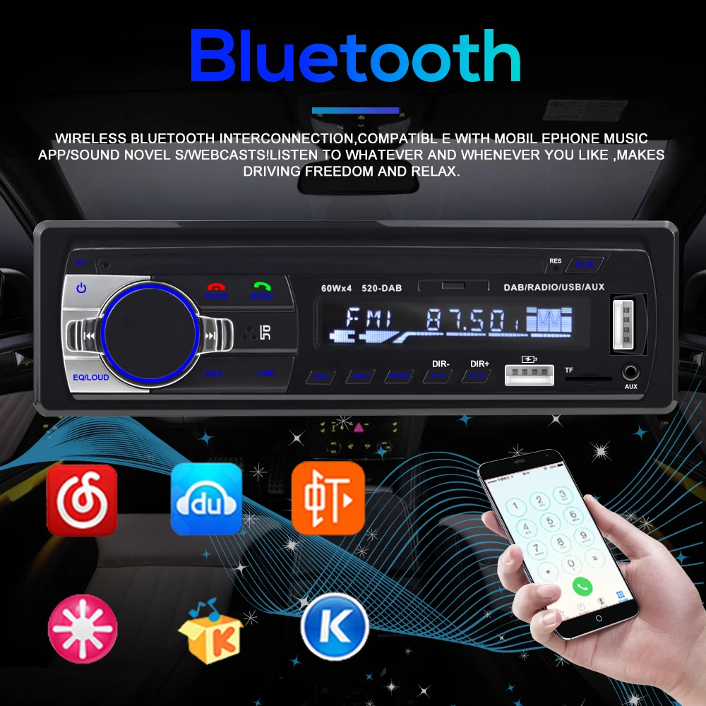 Podofo Dab Car Radio Autoradio Stereo Receiver FM Aux Input SD USB JSD-520 12V In-Dash 1din Bluetooth MP3 Multimedia Player