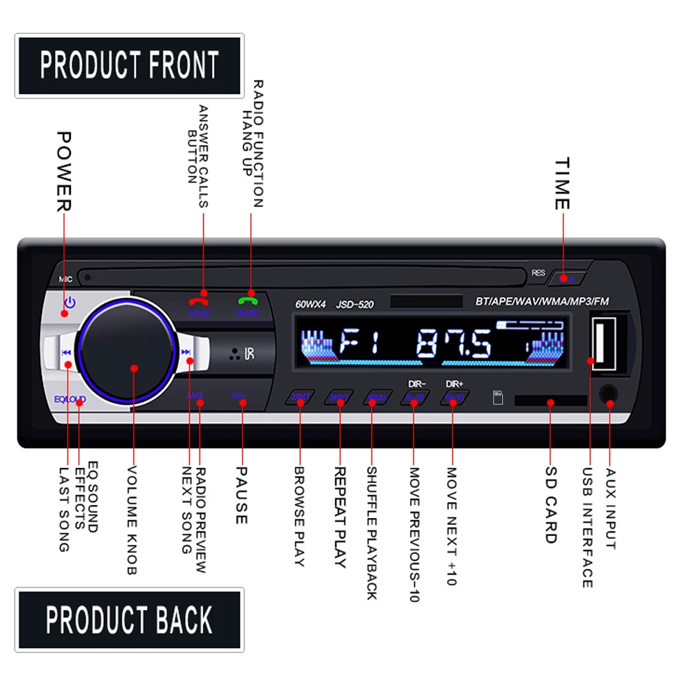Podofo Dab Car Radio Autoradio Stereo Receiver FM Aux Input SD USB JSD-520 12V In-Dash 1din Bluetooth MP3 Multimedia Player