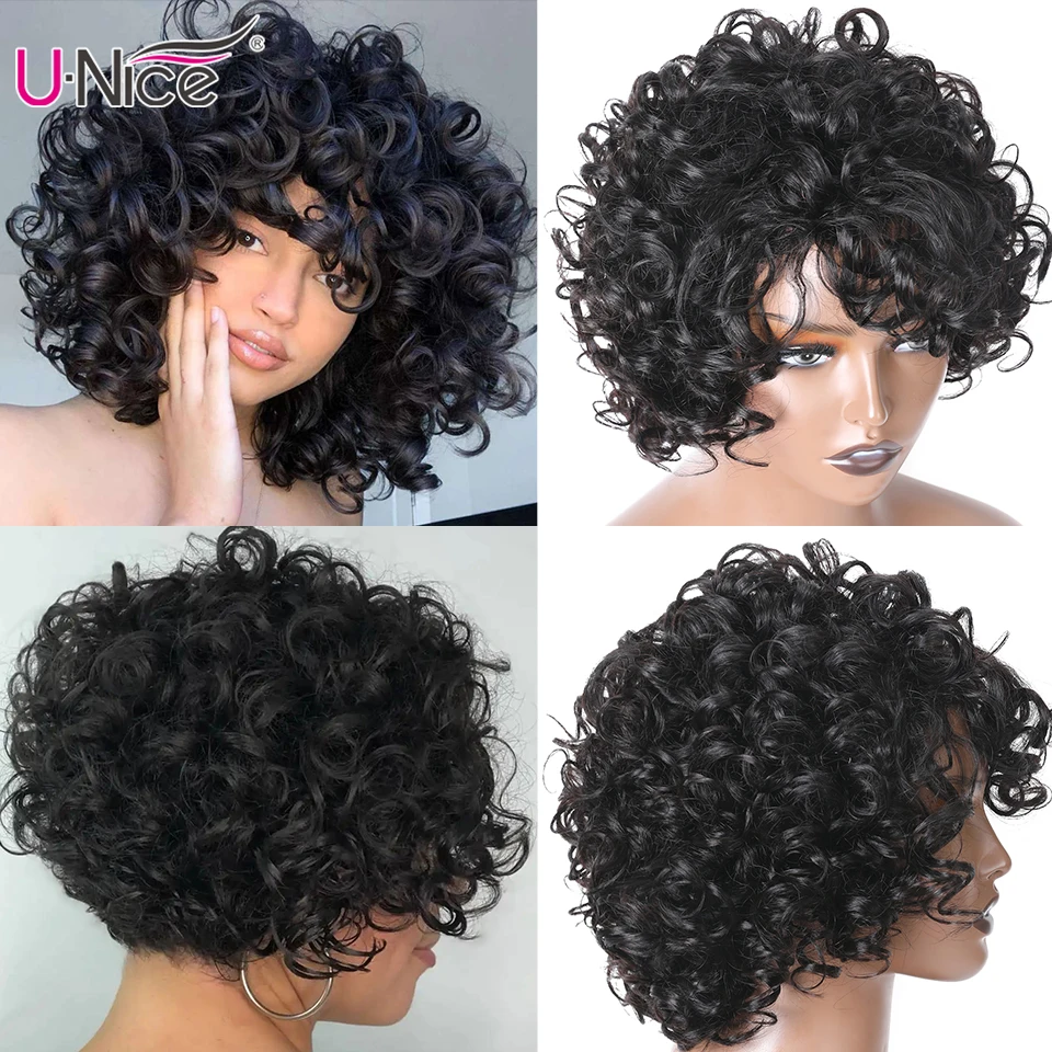 Unice Hair Brazilian Fluffy Curly Human Hair Wig Black Bouncy Curl Hair Wig with Bang Glueless Wig for Women Pixie Cut Wig