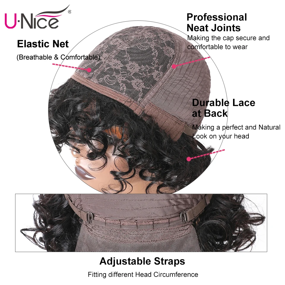 Unice Hair Brazilian Fluffy Curly Human Hair Wig Black Bouncy Curl Hair Wig with Bang Glueless Wig for Women Pixie Cut Wig