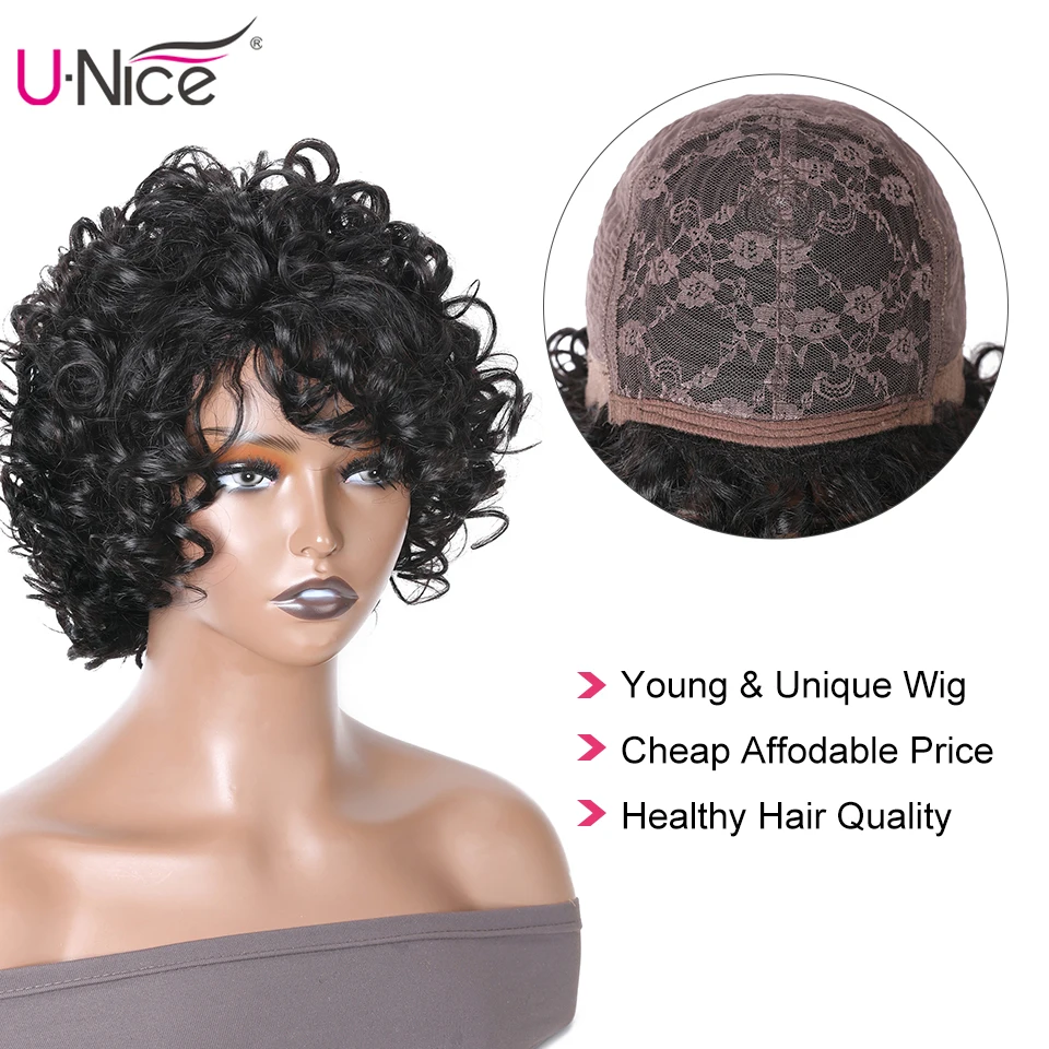 Unice Hair Brazilian Fluffy Curly Human Hair Wig Black Bouncy Curl Hair Wig with Bang Glueless Wig for Women Pixie Cut Wig