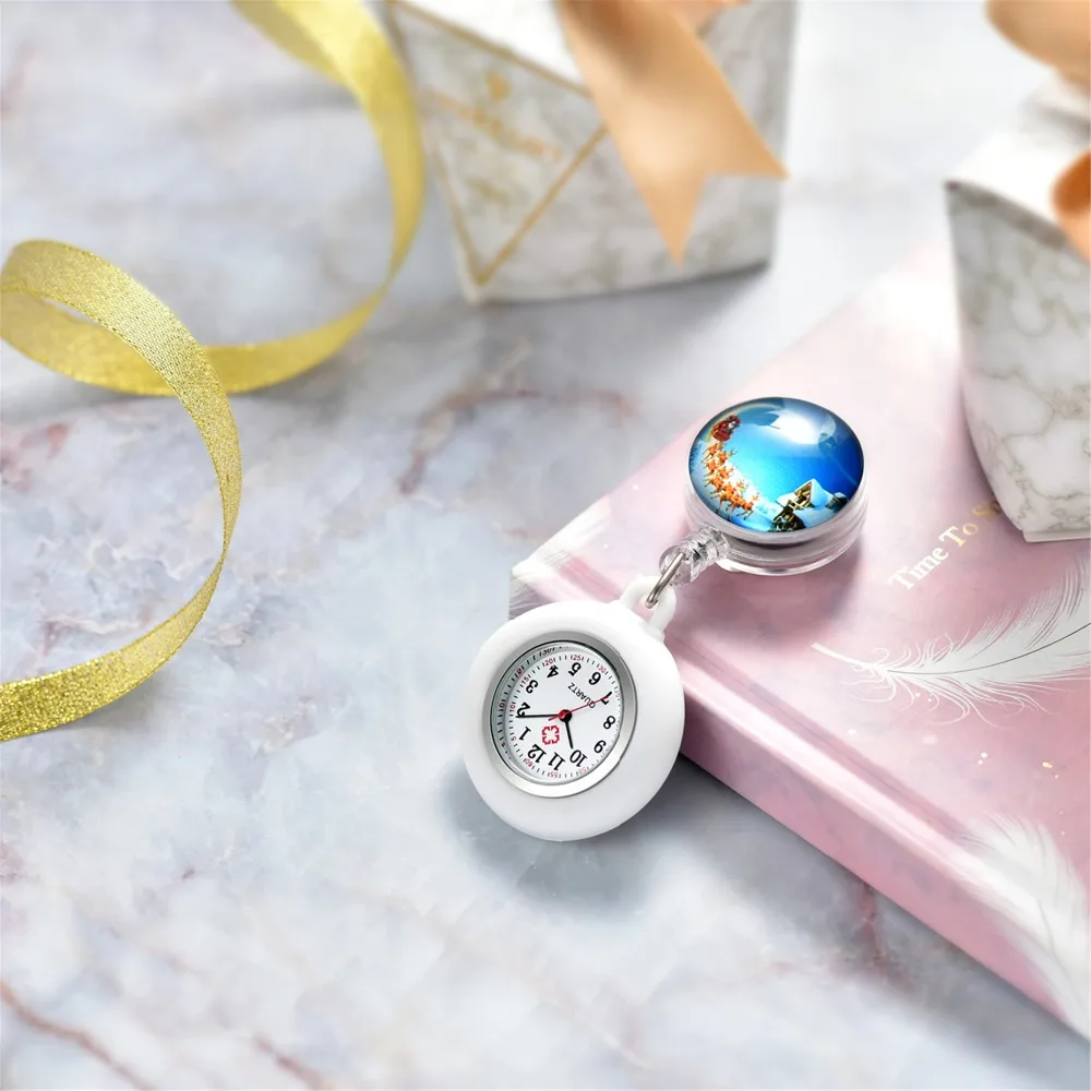 LANCARDO 2021 New Arrival Christmas Sleigh Clip-on Fob Brooch Pendant Pocket Watch Round Dial Nurse Doctor Christmas Gift