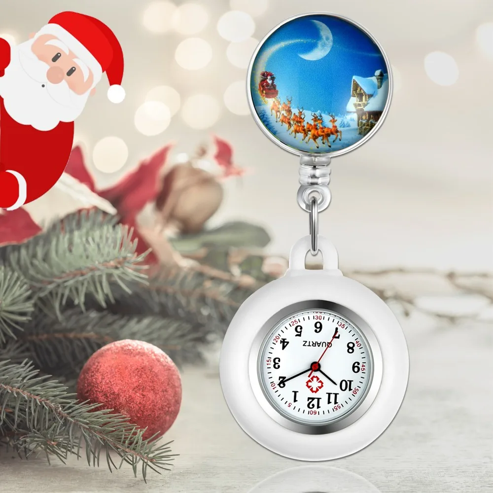 LANCARDO 2021 New Arrival Christmas Sleigh Clip-on Fob Brooch Pendant Pocket Watch Round Dial Nurse Doctor Christmas Gift