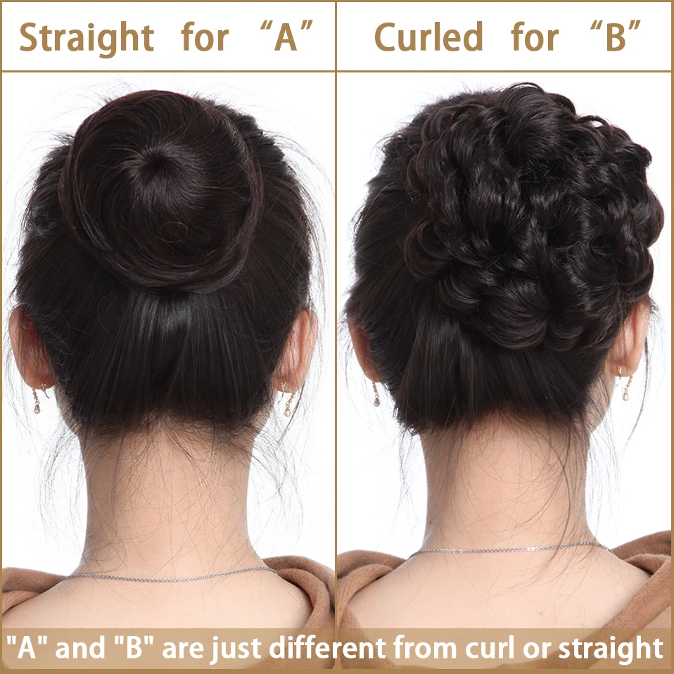S-noilite 30g Hair Bun Curly Or Straight Chignon 100% Human Hair Donut Hairpiece Brown Blonde Headwear Wrap On Elastic Scrunchie