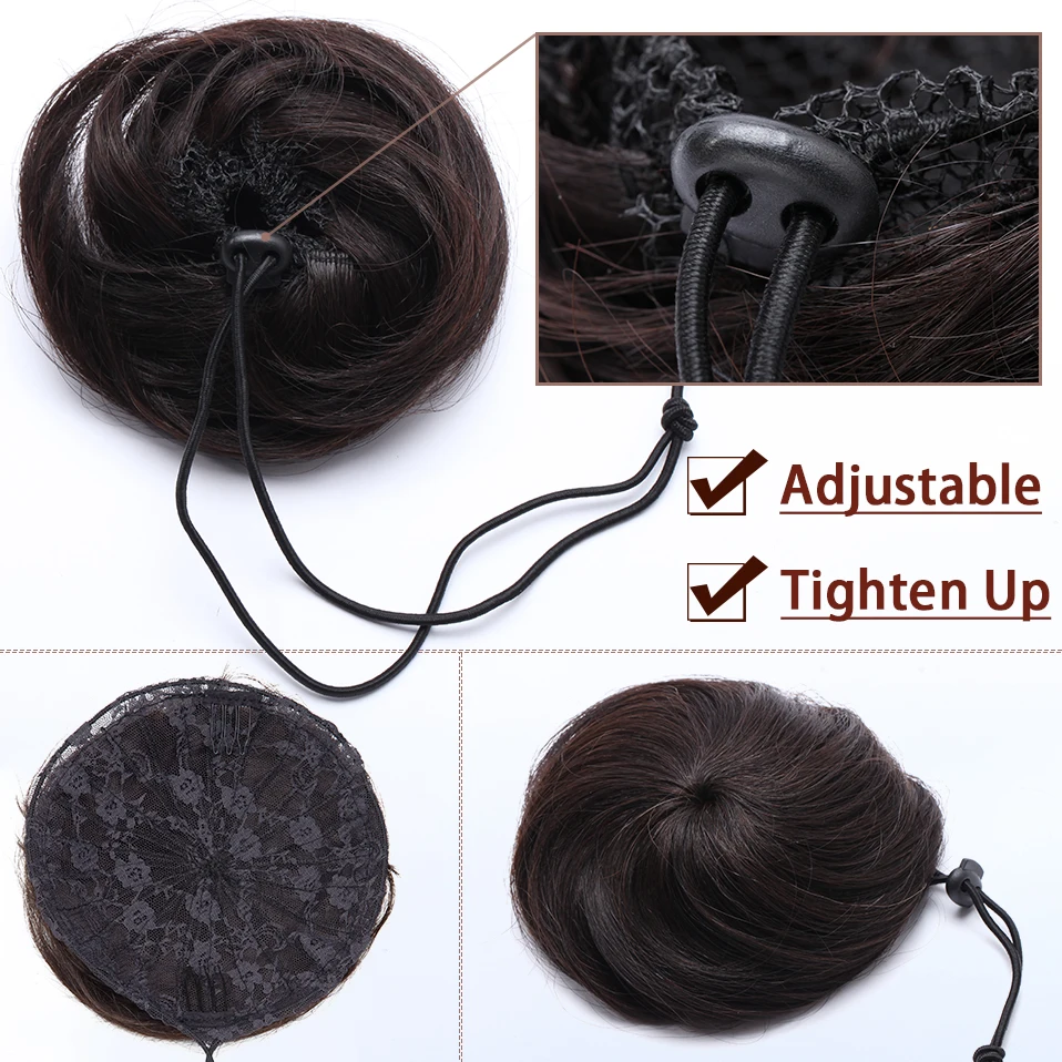 S-noilite 30g Hair Bun Curly Or Straight Chignon 100% Human Hair Donut Hairpiece Brown Blonde Headwear Wrap On Elastic Scrunchie