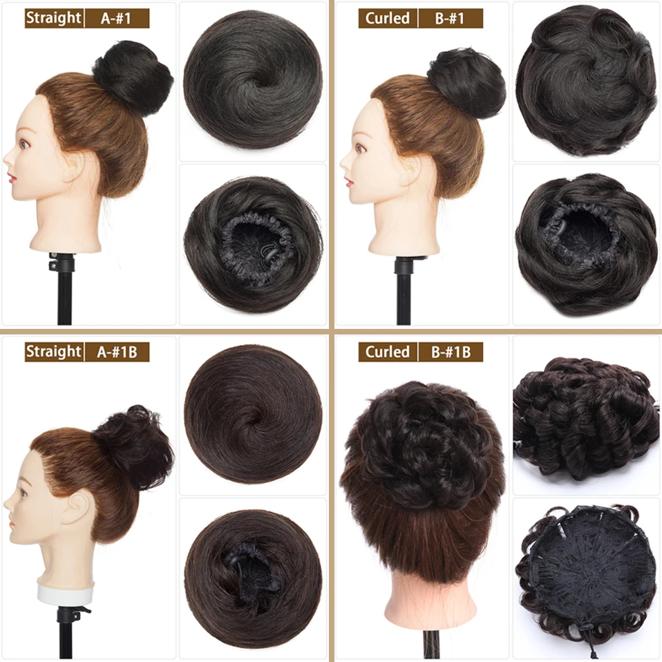 S-noilite 30g Hair Bun Curly Or Straight Chignon 100% Human Hair Donut Hairpiece Brown Blonde Headwear Wrap On Elastic Scrunchie
