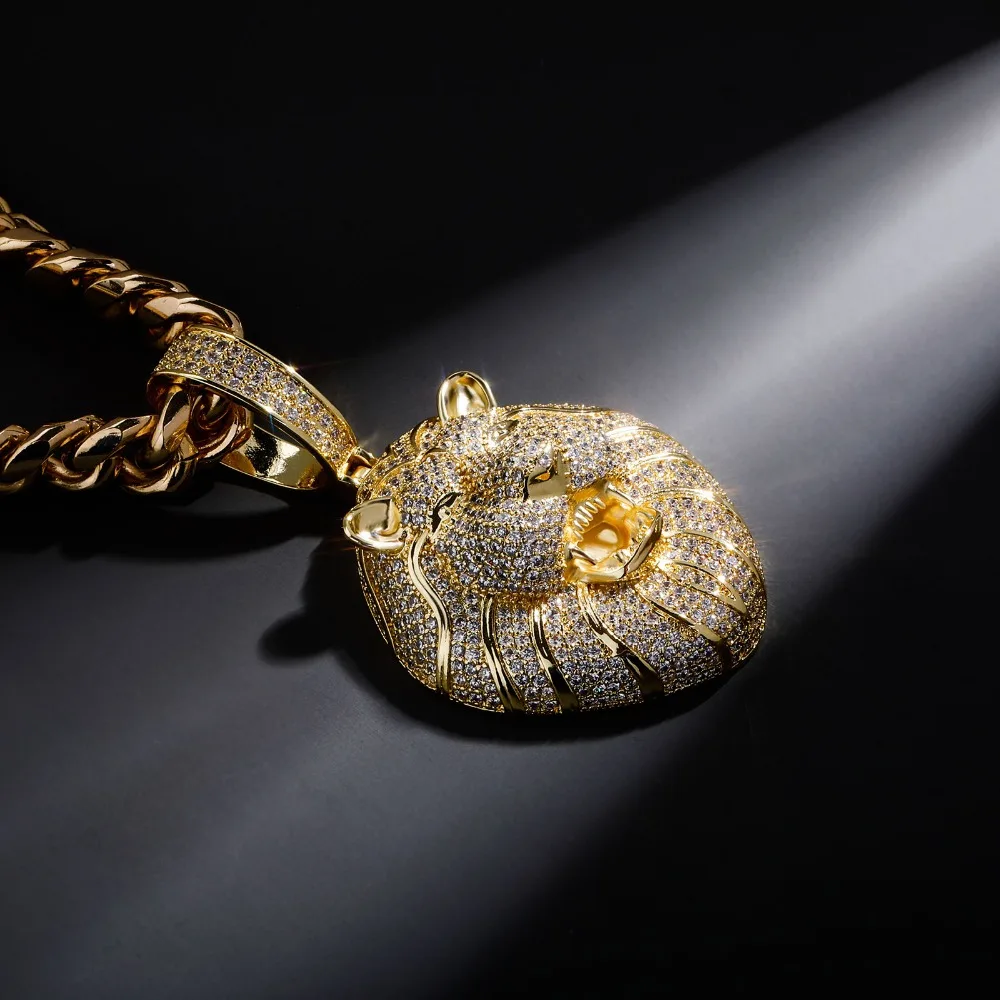 GUCY Fashion Animal Lion Head Necklaces & Pendant Gold Color Bling Cubic Zircon Men's Hip Hop Necklace Rock Jewelry For Gift
