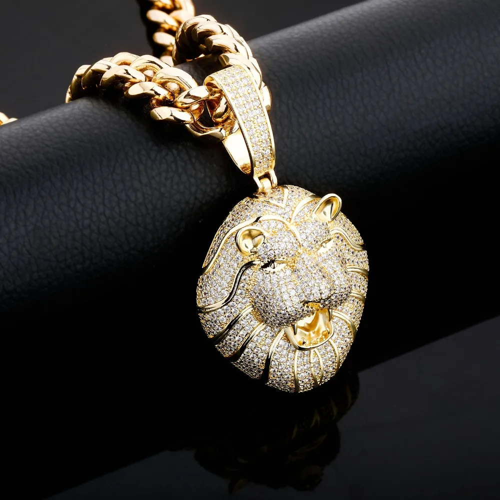 GUCY Fashion Animal Lion Head Necklaces & Pendant Gold Color Bling Cubic Zircon Men's Hip Hop Necklace Rock Jewelry For Gift