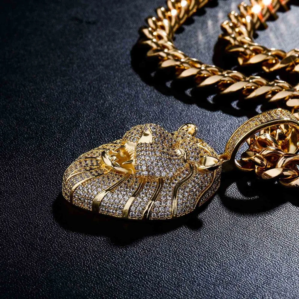GUCY Fashion Animal Lion Head Necklaces & Pendant Gold Color Bling Cubic Zircon Men's Hip Hop Necklace Rock Jewelry For Gift