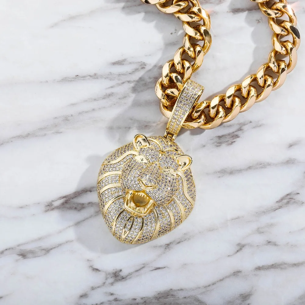 GUCY Fashion Animal Lion Head Necklaces & Pendant Gold Color Bling Cubic Zircon Men's Hip Hop Necklace Rock Jewelry For Gift