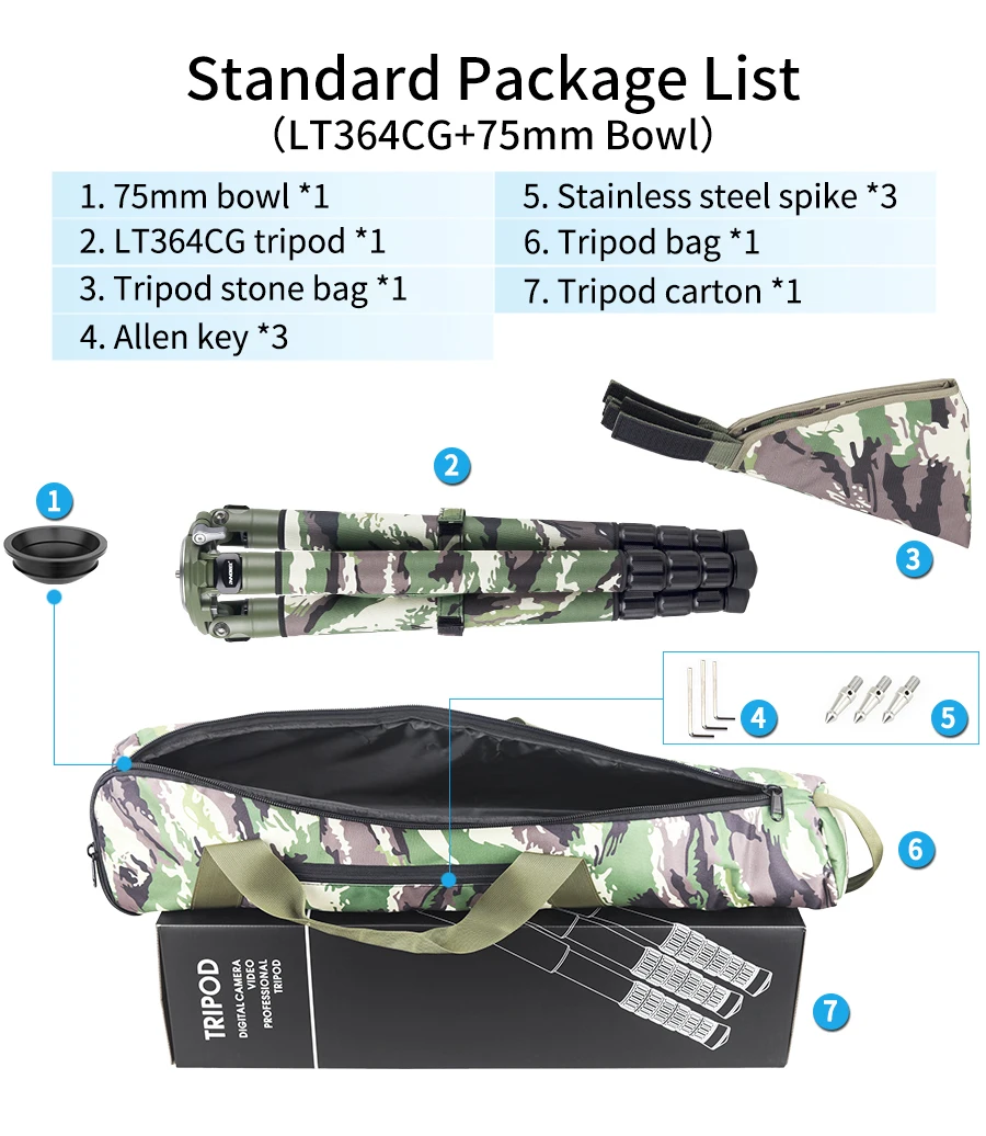 LT364CG Camouflage Carbon Fiber Tripod for Canon Nikon DSLR Camera Professional Birdwatching Heavy Duty Camera Stand 35kg load