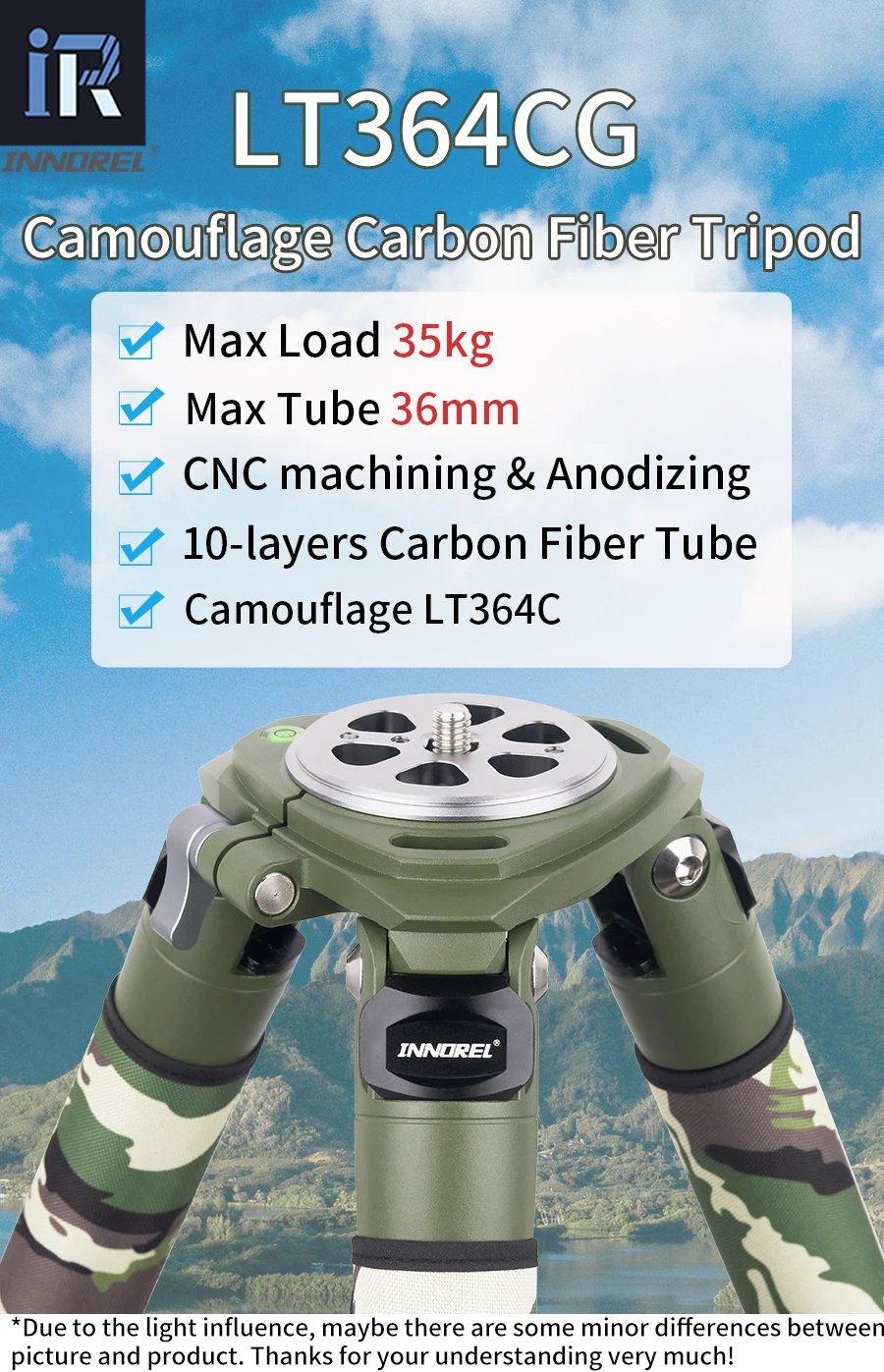LT364CG Camouflage Carbon Fiber Tripod for Canon Nikon DSLR Camera Professional Birdwatching Heavy Duty Camera Stand 35kg load