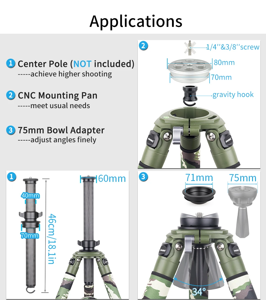LT364CG Camouflage Carbon Fiber Tripod for Canon Nikon DSLR Camera Professional Birdwatching Heavy Duty Camera Stand 35kg load