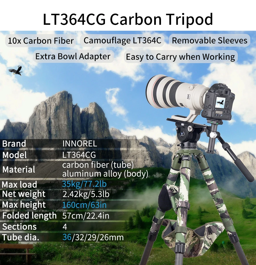 LT364CG Camouflage Carbon Fiber Tripod for Canon Nikon DSLR Camera Professional Birdwatching Heavy Duty Camera Stand 35kg load