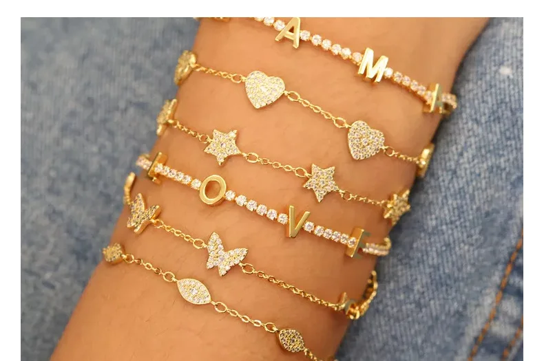 Zirconia Initial Letters Bracelet Tennis Bracelet AAA CZ Row Cubic for Men Women Custom Name Hip Hop Jewelry