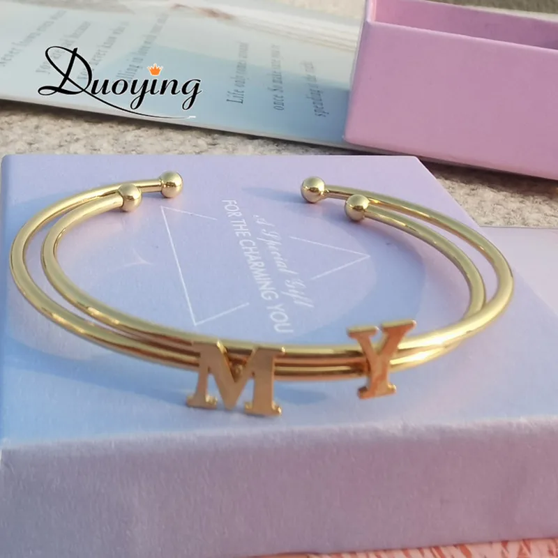 Duoying Fashion Initials Bangle Alphabet A to Z Personalized Custom Name 7MM Capital Letter Bracelet Custom Love Cuff Bangle