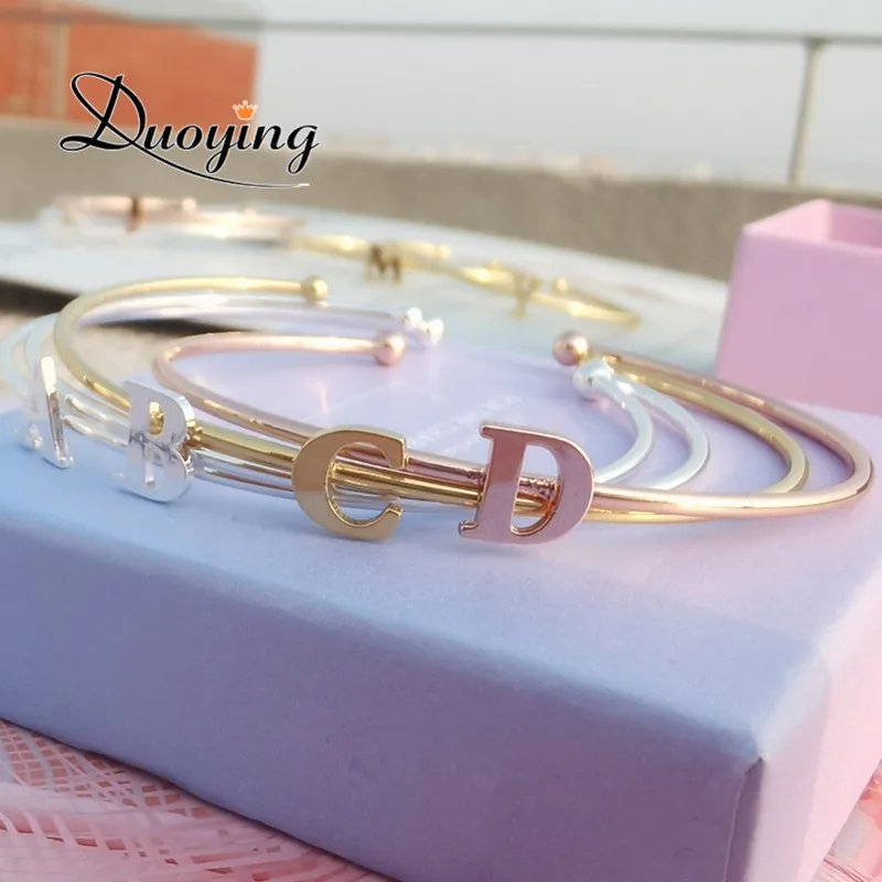 Duoying Fashion Initials Bangle Alphabet A to Z Personalized Custom Name 7MM Capital Letter Bracelet Custom Love Cuff Bangle