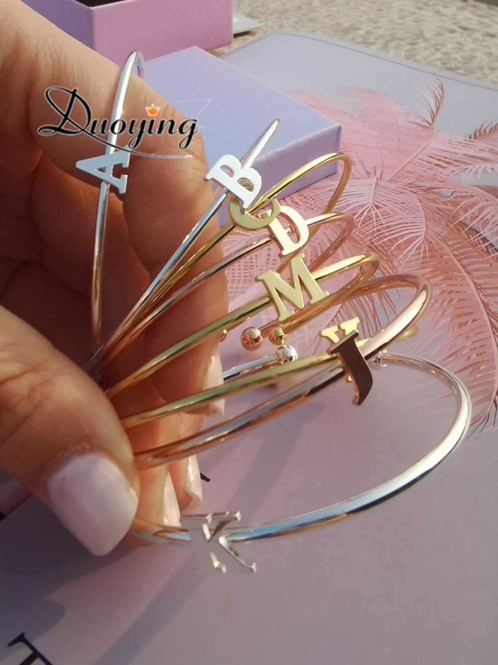 Duoying Fashion Initials Bangle Alphabet A to Z Personalized Custom Name 7MM Capital Letter Bracelet Custom Love Cuff Bangle