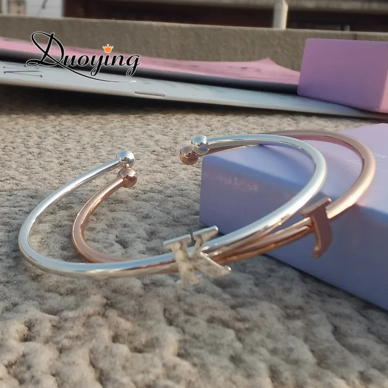 Duoying Fashion Initials Bangle Alphabet A to Z Personalized Custom Name 7MM Capital Letter Bracelet Custom Love Cuff Bangle