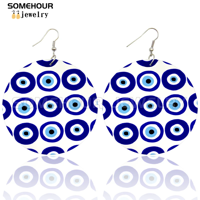 SOMEHOUR Turkish Amulet Against Blue Evil Eyes Printed Wooden Drop Earrings Comics Style Mandala Loops Pendant For Women Gifts
