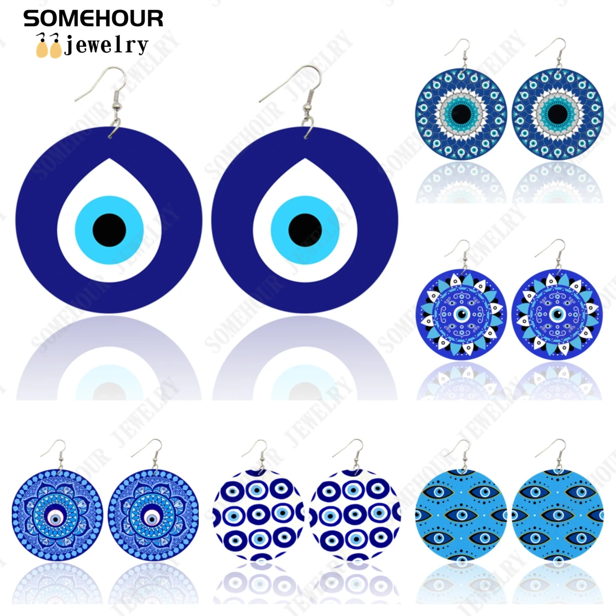 SOMEHOUR Turkish Amulet Against Blue Evil Eyes Printed Wooden Drop Earrings Comics Style Mandala Loops Pendant For Women Gifts