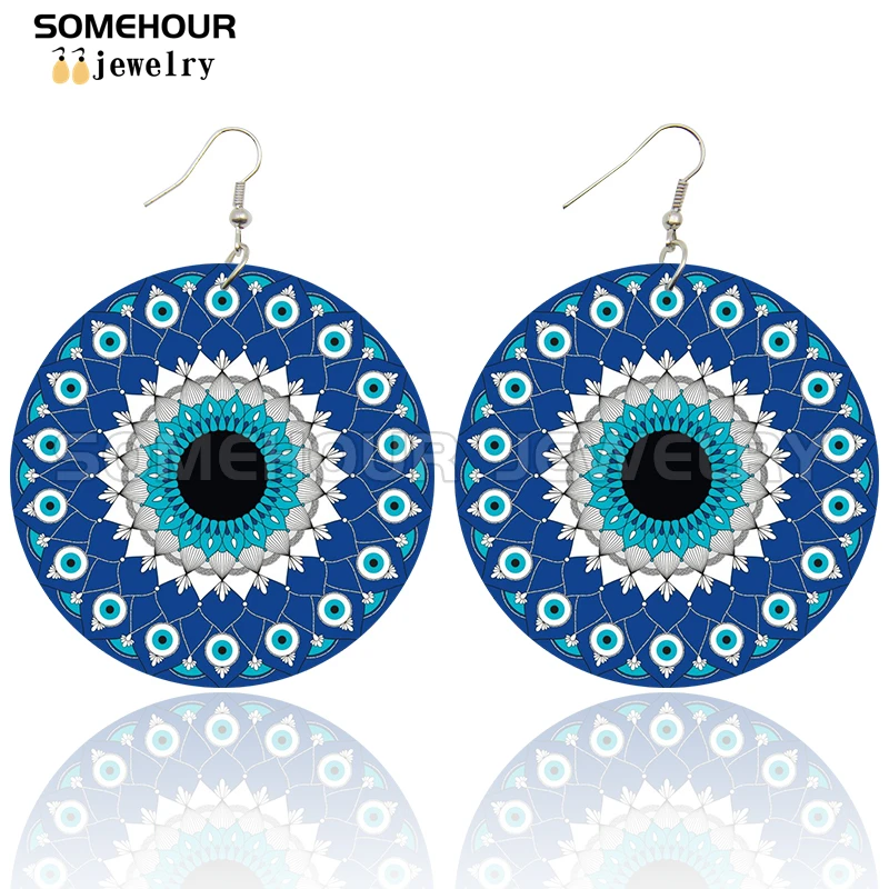 SOMEHOUR Turkish Amulet Against Blue Evil Eyes Printed Wooden Drop Earrings Comics Style Mandala Loops Pendant For Women Gifts