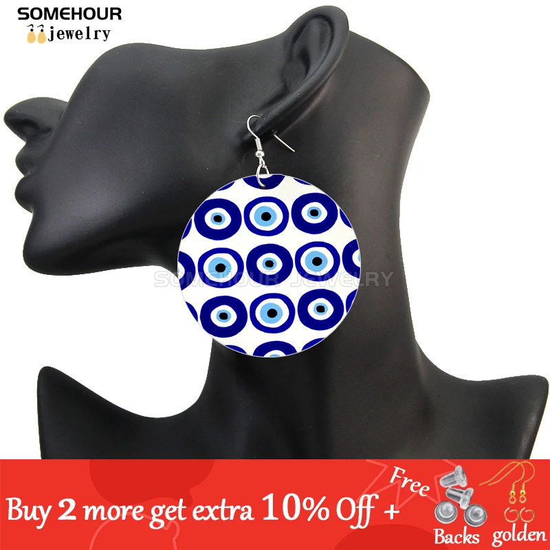 SOMEHOUR Turkish Amulet Against Blue Evil Eyes Printed Wooden Drop Earrings Comics Style Mandala Loops Pendant For Women Gifts