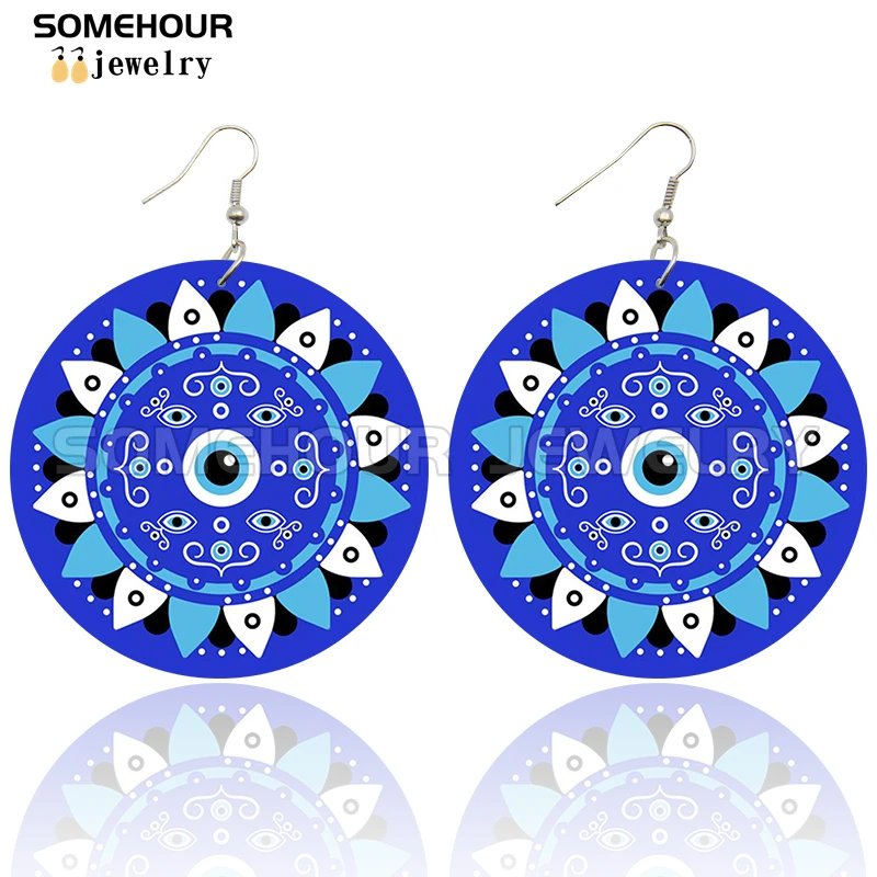 SOMEHOUR Turkish Amulet Against Blue Evil Eyes Printed Wooden Drop Earrings Comics Style Mandala Loops Pendant For Women Gifts
