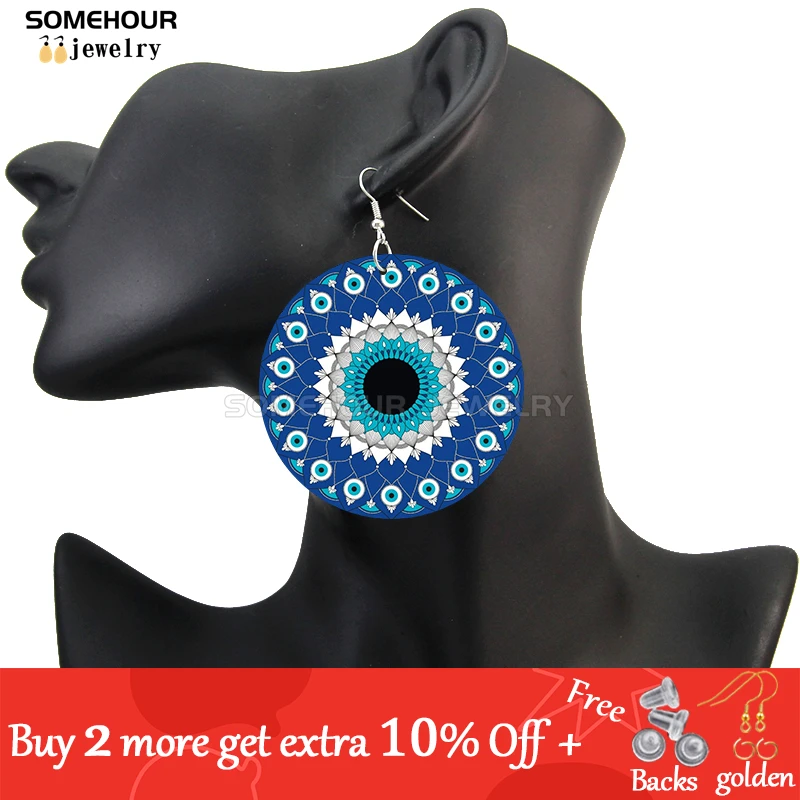SOMEHOUR Turkish Amulet Against Blue Evil Eyes Printed Wooden Drop Earrings Comics Style Mandala Loops Pendant For Women Gifts