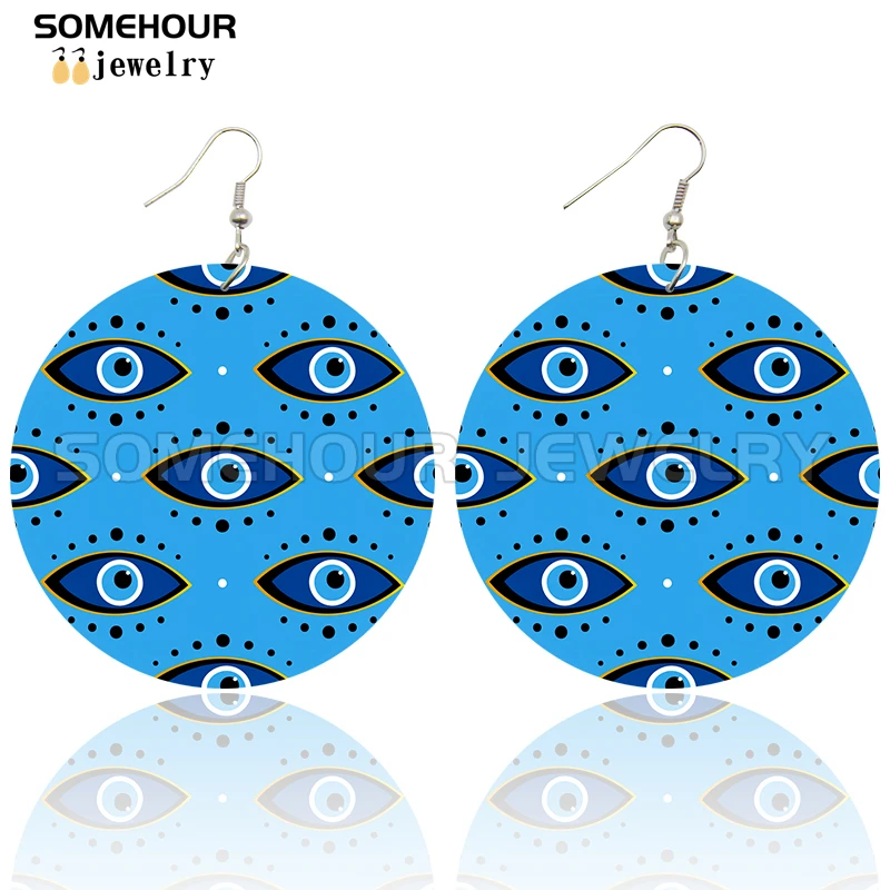 SOMEHOUR Turkish Amulet Against Blue Evil Eyes Printed Wooden Drop Earrings Comics Style Mandala Loops Pendant For Women Gifts