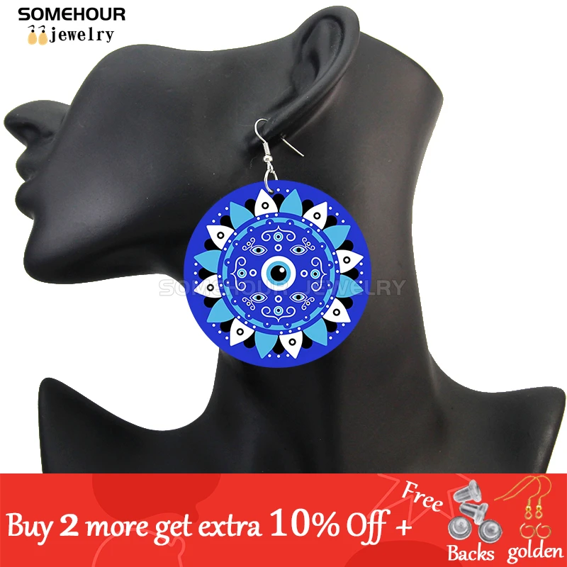 SOMEHOUR Turkish Amulet Against Blue Evil Eyes Printed Wooden Drop Earrings Comics Style Mandala Loops Pendant For Women Gifts