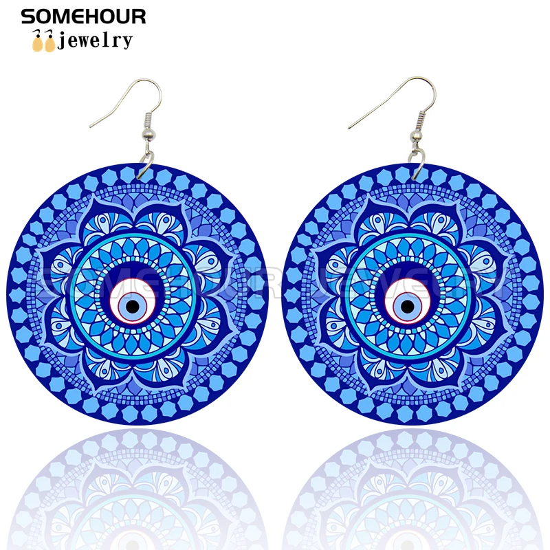 SOMEHOUR Turkish Amulet Against Blue Evil Eyes Printed Wooden Drop Earrings Comics Style Mandala Loops Pendant For Women Gifts