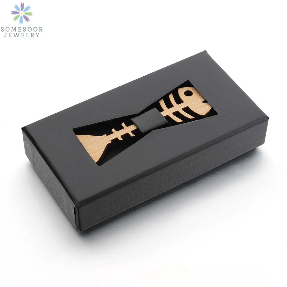 SOMESOOR Bamboo Fish Bone Bowtie Real Wooden Engraved Hollow Out Carved Butterfly Necktie Fit Party Wedding Suit For Men Gifts