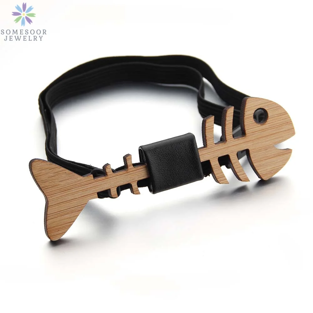 SOMESOOR Bamboo Fish Bone Bowtie Real Wooden Engraved Hollow Out Carved Butterfly Necktie Fit Party Wedding Suit For Men Gifts