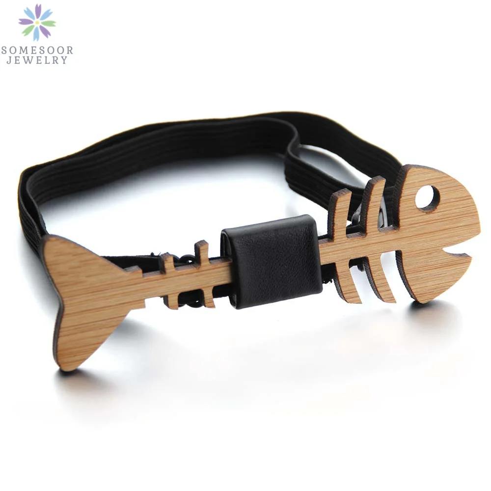 SOMESOOR Bamboo Fish Bone Bowtie Real Wooden Engraved Hollow Out Carved Butterfly Necktie Fit Party Wedding Suit For Men Gifts