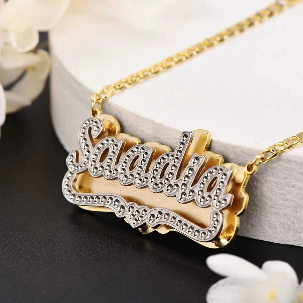 Customized Name Necklace 18K Gold Plated Nameplate 3D Necklace Personalized Double Plate Two Tone with Heart Pendant Necklaces
