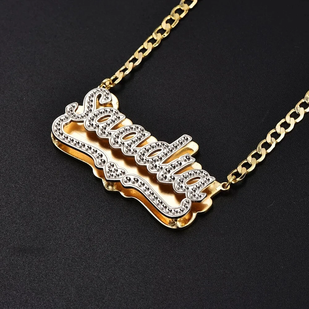 Customized Name Necklace 18K Gold Plated Nameplate 3D Necklace Personalized Double Plate Two Tone with Heart Pendant Necklaces