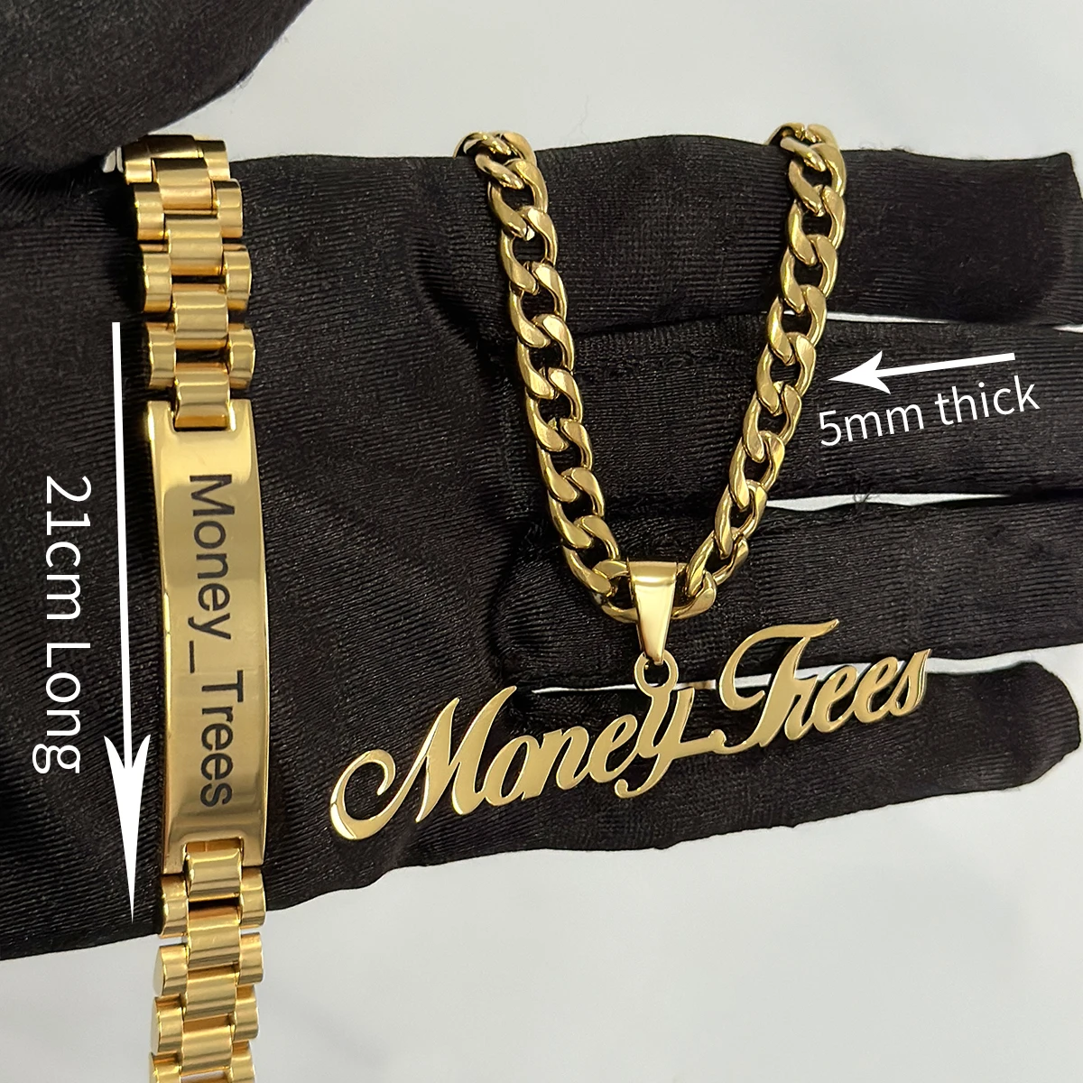 New Men's Name Bracelet Necklace Set Stainless 5mm Cuban Chain Large Nameplate Pendant Carved Name Bracelet Custom Set Jewelry