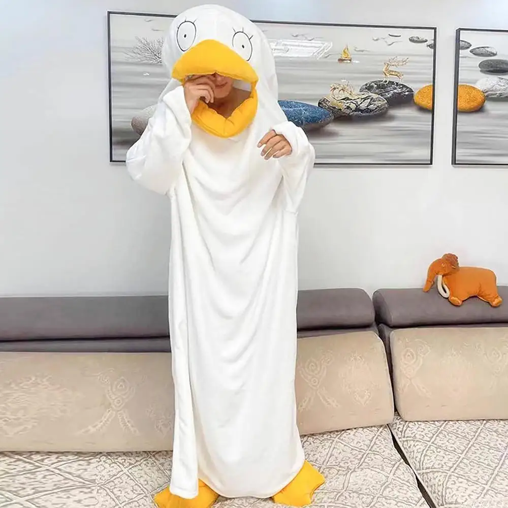 Super Long Flannel Blanket Duck Onesie Pajamas for Adult Winter Hoodies Sweatshirt Pullover Fleece TV Blanket Cosplay Costume