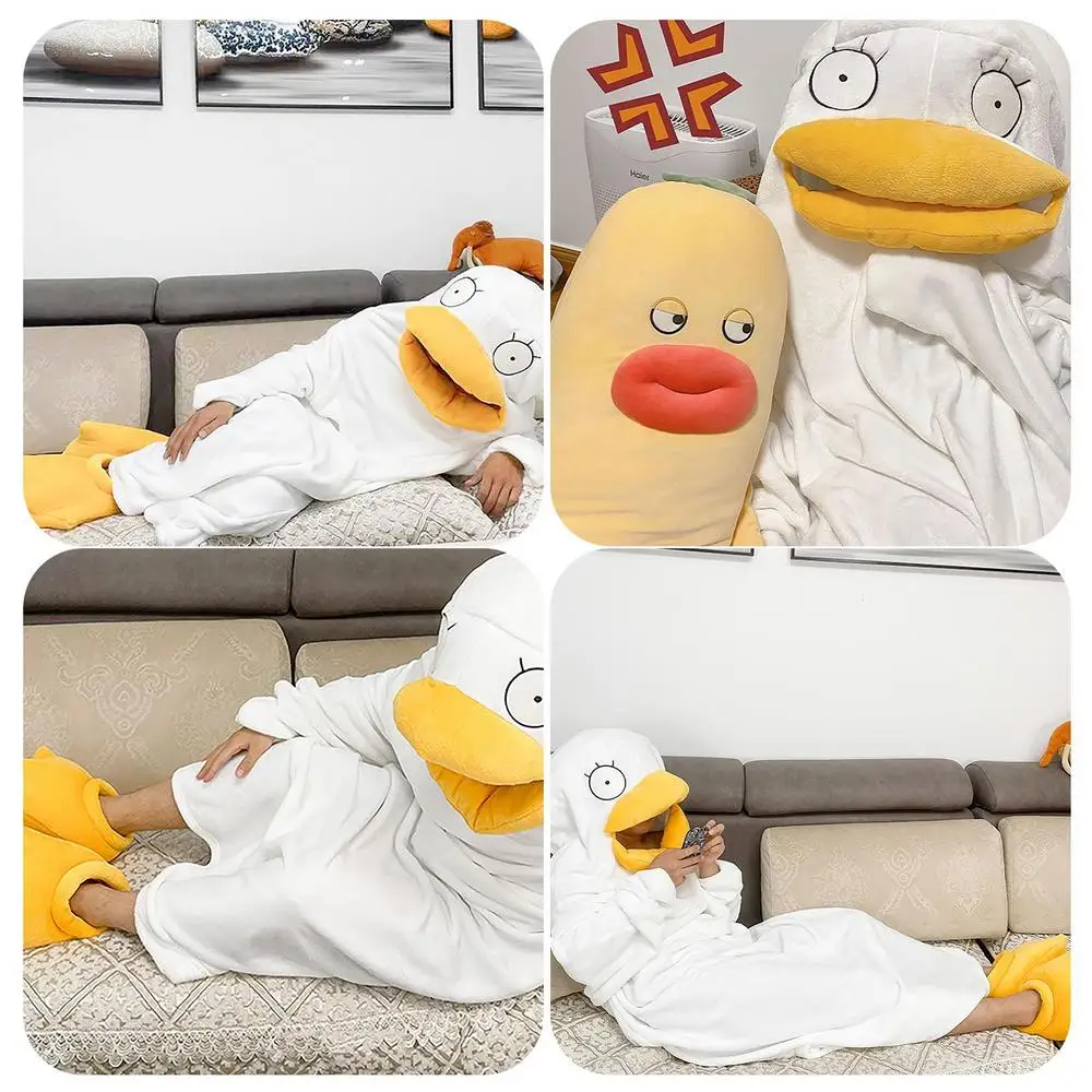 Super Long Flannel Blanket Duck Onesie Pajamas for Adult Winter Hoodies Sweatshirt Pullover Fleece TV Blanket Cosplay Costume
