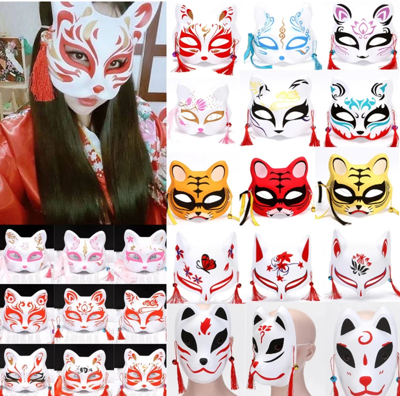 Fox Mask Japanese Cosplay Half Face Mask Kabuki Kitsune Masquerade Anime Cosplay Cat Mask Rave Adult Children Funny Party Props