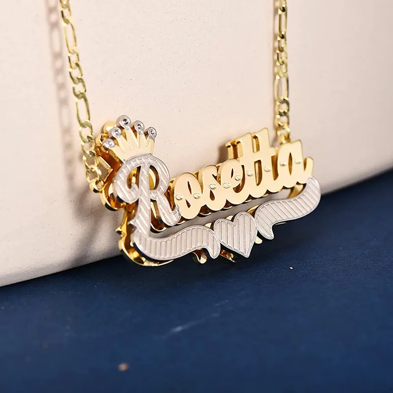 Custom 3D Nameplate Double Color Plated Necklaces For Women Customized Name Pendant Crown Stainless Steel Personalized Jewelry