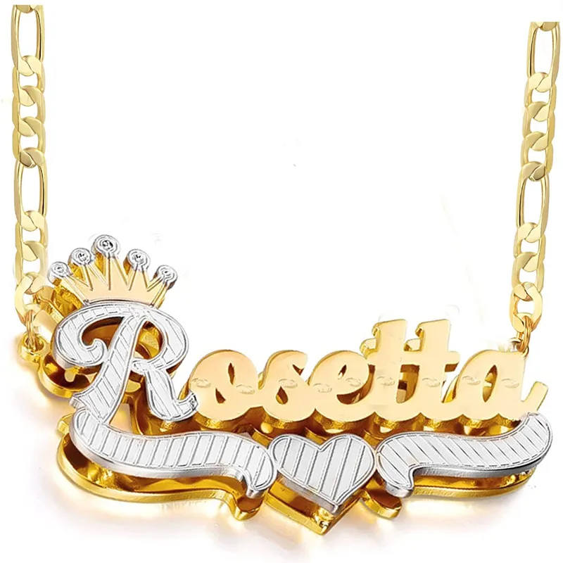 Custom 3D Nameplate Double Color Plated Necklaces For Women Customized Name Pendant Crown Stainless Steel Personalized Jewelry