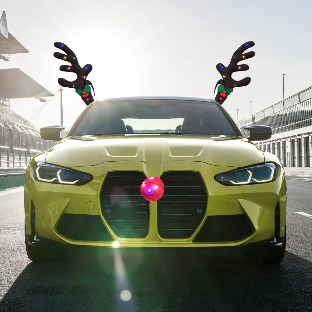 Christmas Reindeer Antlers Car Kit Reindeer Antlers And Nose With Led Lights Christmas Antlers Costume Auto Decoration For SUV
