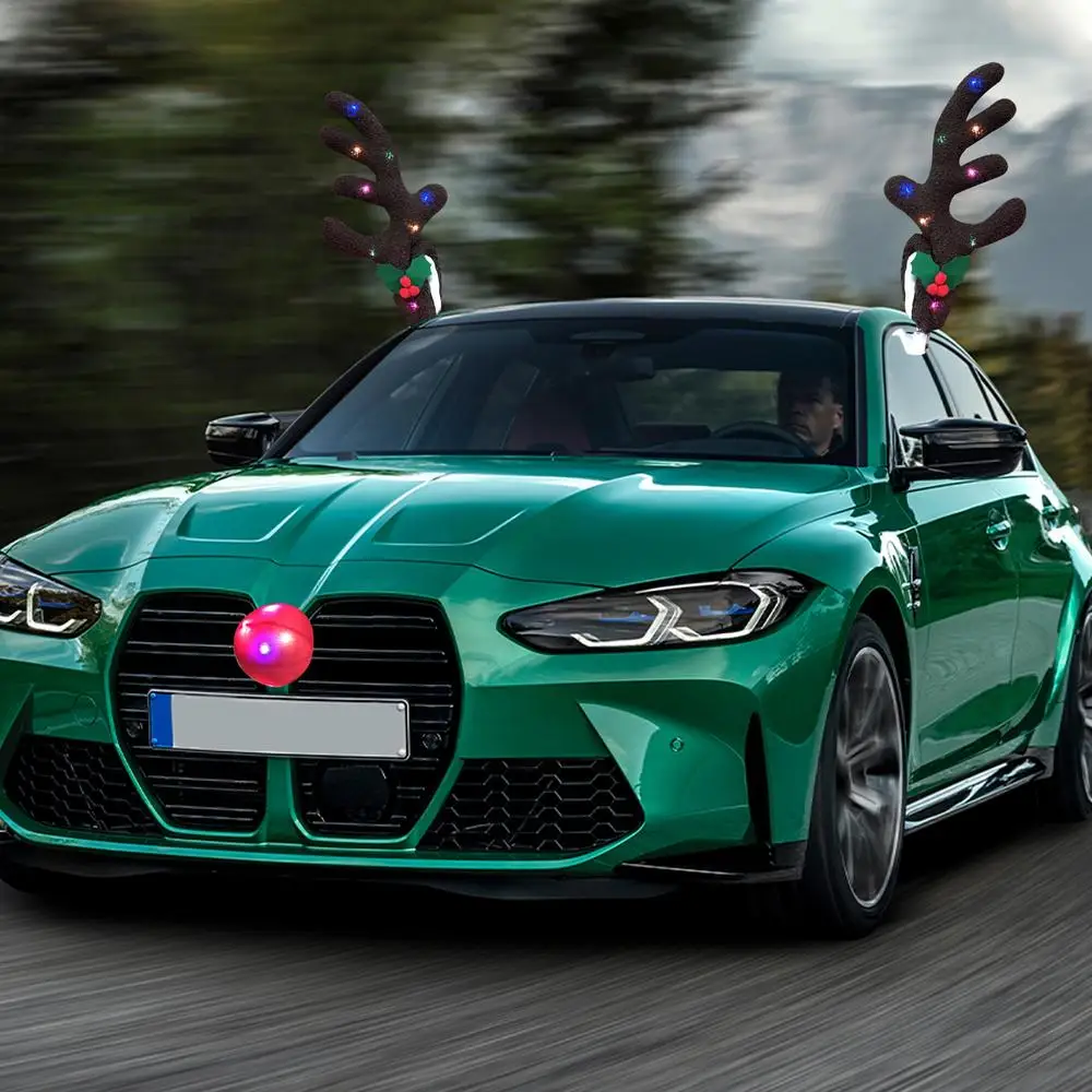 Christmas Reindeer Antlers Car Kit Reindeer Antlers And Nose With Led Lights Christmas Antlers Costume Auto Decoration For SUV