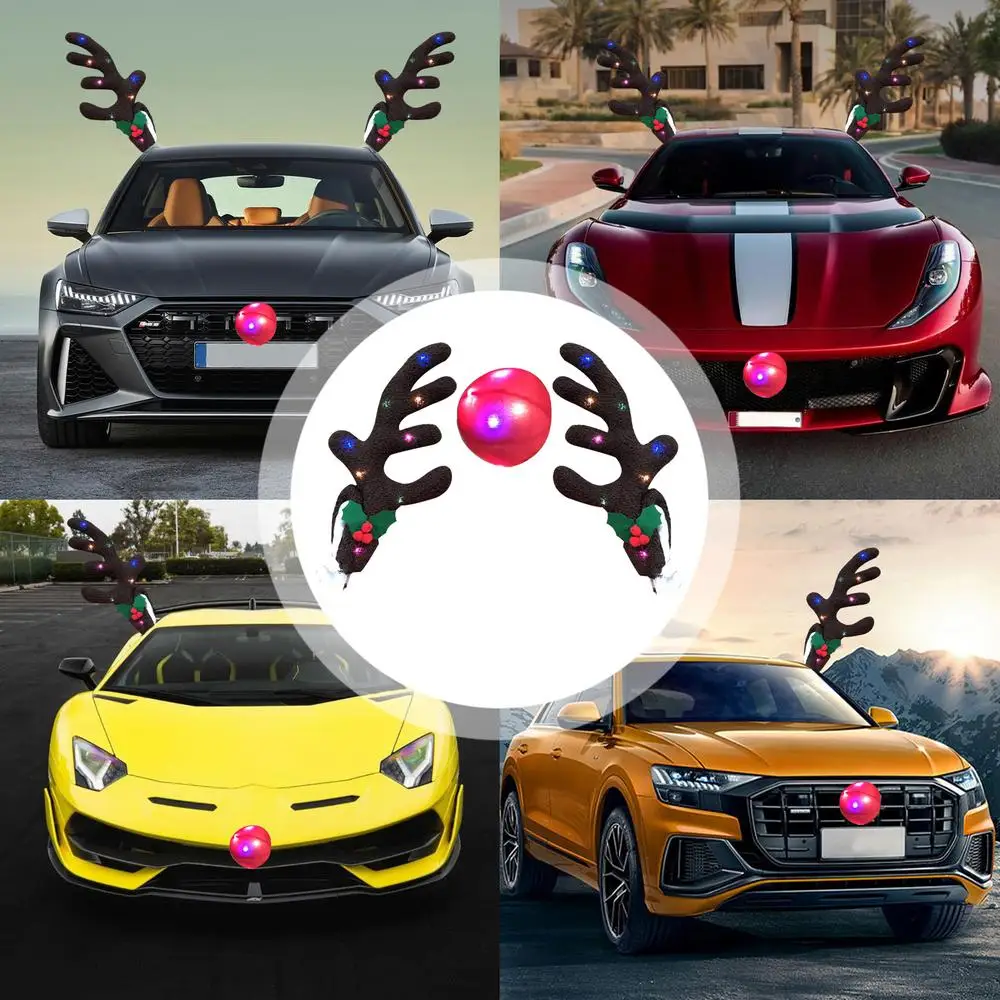 Christmas Reindeer Antlers Car Kit Reindeer Antlers And Nose With Led Lights Christmas Antlers Costume Auto Decoration For SUV