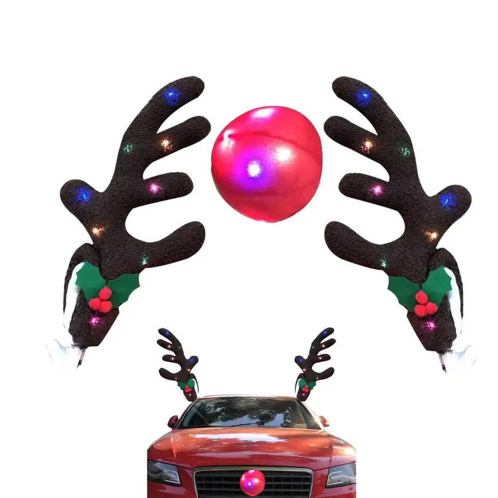 Christmas Reindeer Antlers Car Kit Reindeer Antlers And Nose With Led Lights Christmas Antlers Costume Auto Decoration For SUV